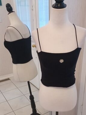4/$60 Black Daisy-Embroidered Spaghetti Strap Crop Top - Size XS